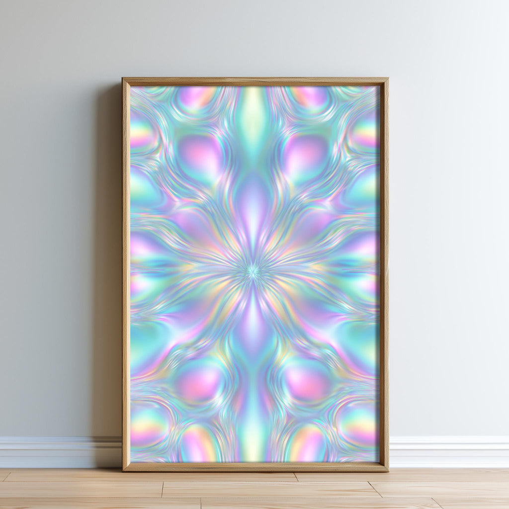 a large, colorful abstract floral pattern with a vibrant mix of pink, blue, green, and yellow hues. The pattern appears to be a digital artwork or a framed print, displayed on a wall in a room.