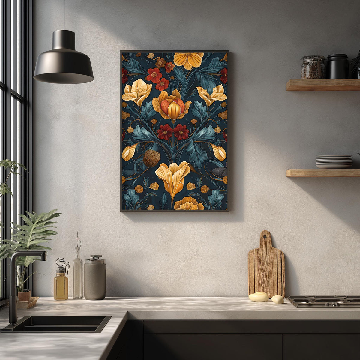 a kitchen counter with a framed floral print hanging above it, a wooden cutting board, and various kitchen items such as a bottle, a canister, and a bowl.
