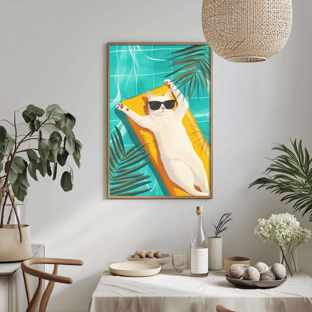 a framed illustration of a cat lounging on a beach towel, wearing sunglasses and surrounded by tropical plants.