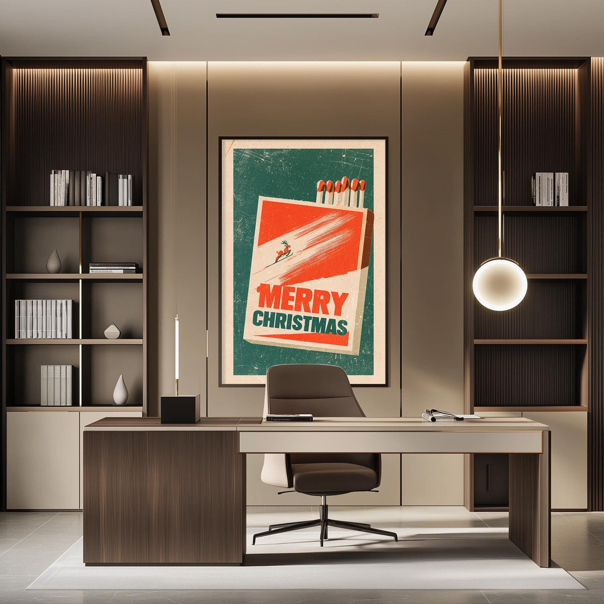 a modern office space with a desk, chair, and bookshelves. A large framed poster with a Christmas-themed design is hanging on the wall above the desk.