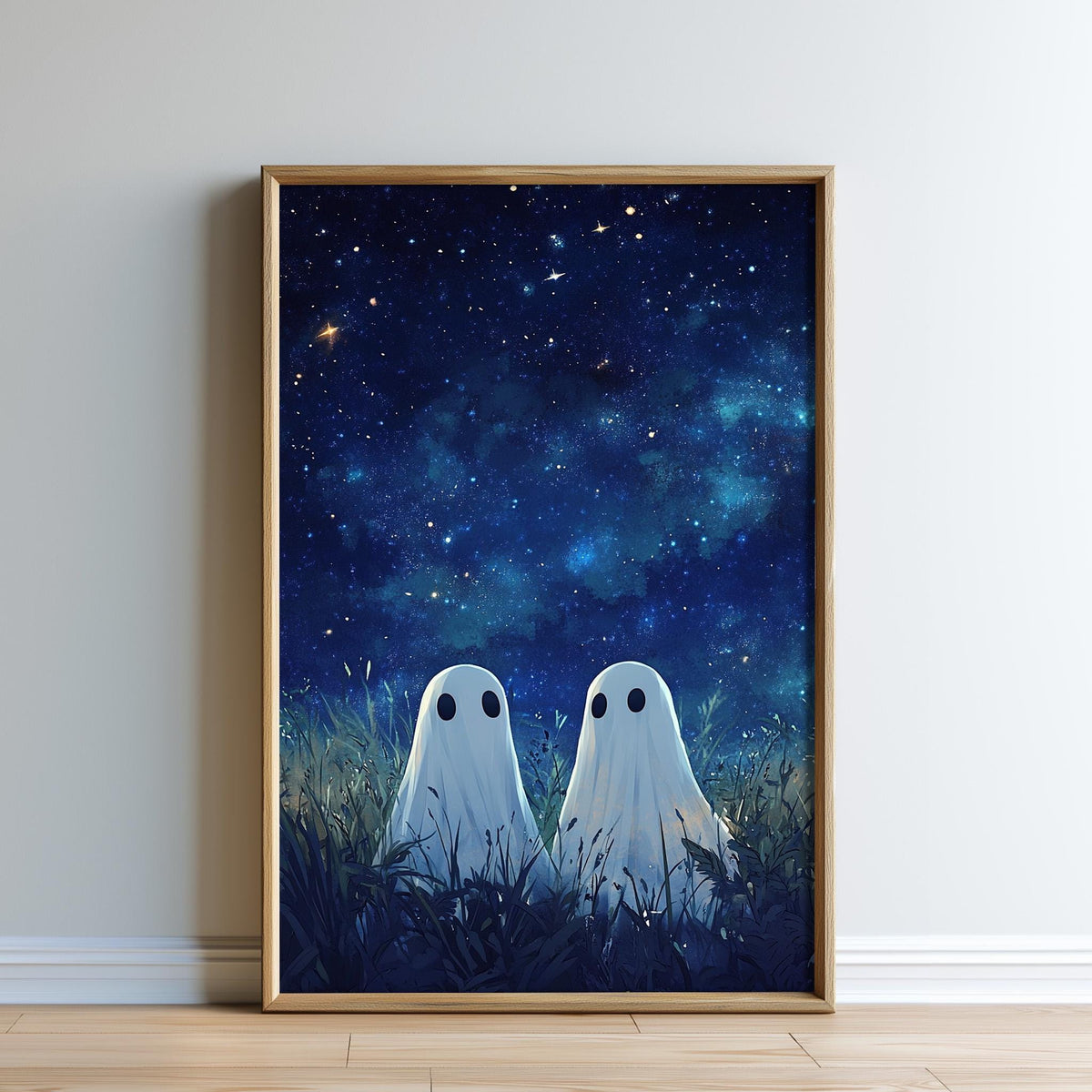 two ghostly figures standing in a field under a starry night sky.
