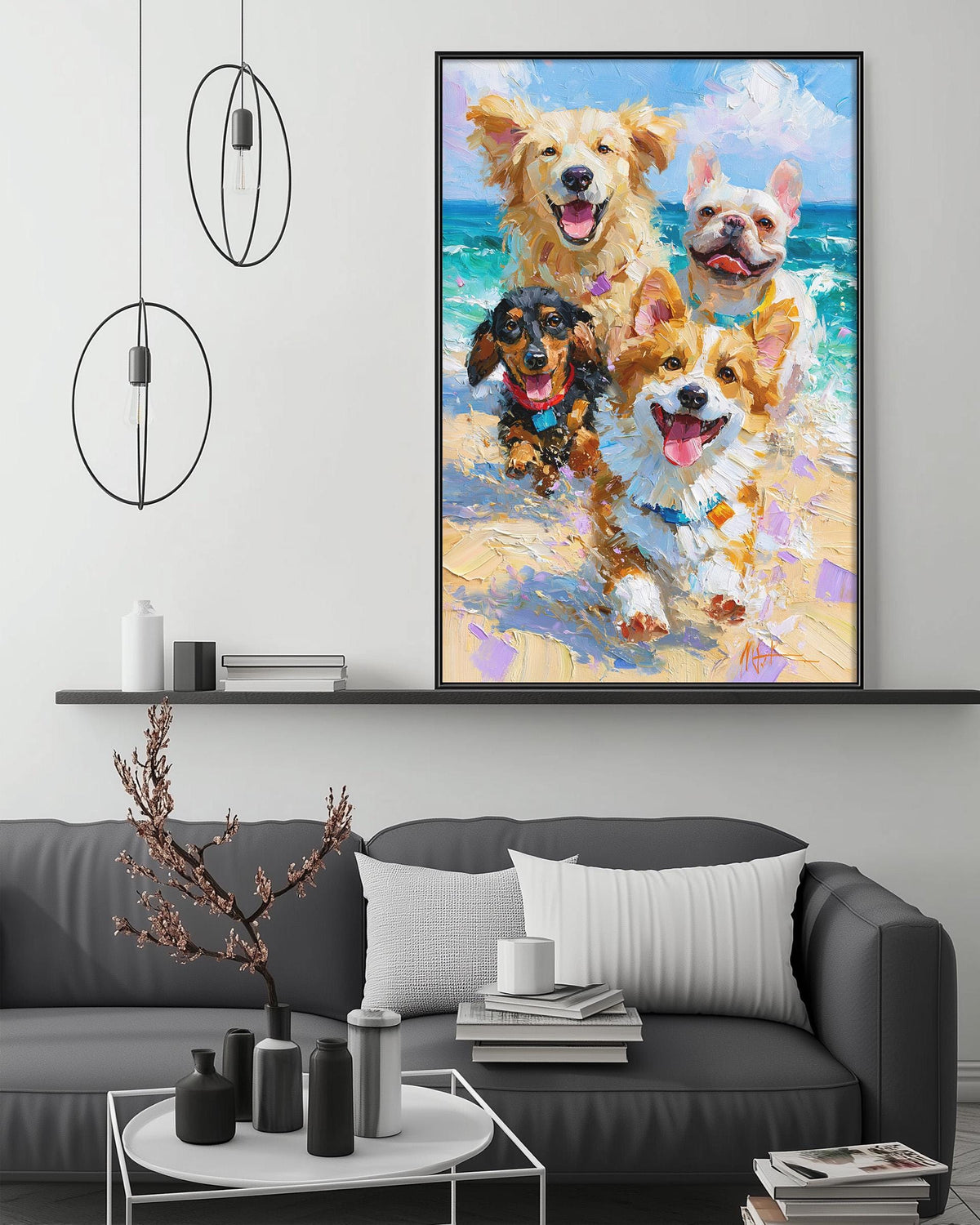 a large painting of four dogs, including a golden retriever, a corgi, a dachshund, and a pug, all smiling and enjoying themselves in a beach setting. The painting is hanging on a wall above a gray couch, which is decorated with various items such as vases, books, and a plant. The overall scene creates a warm and inviting atmosphere in the living room.