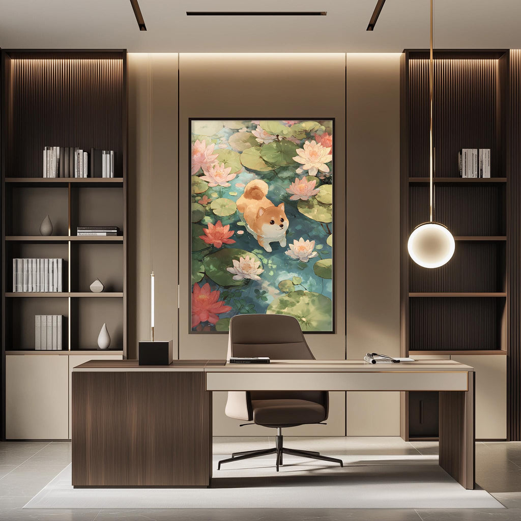a modern office space with a large painting of a dog swimming in a pond of flowers hanging on the wall. The office features a wooden desk, a chair, and a bookshelf filled with books and decorative items.