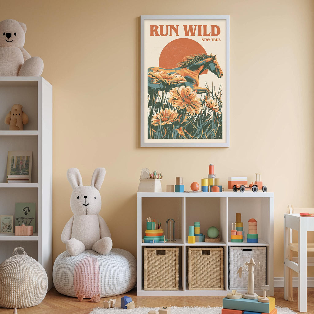 A child's bedroom with a white bookshelf, a stuffed rabbit, and a toy horse on the floor. Above the bookshelf is a framed poster with a horse and flowers.