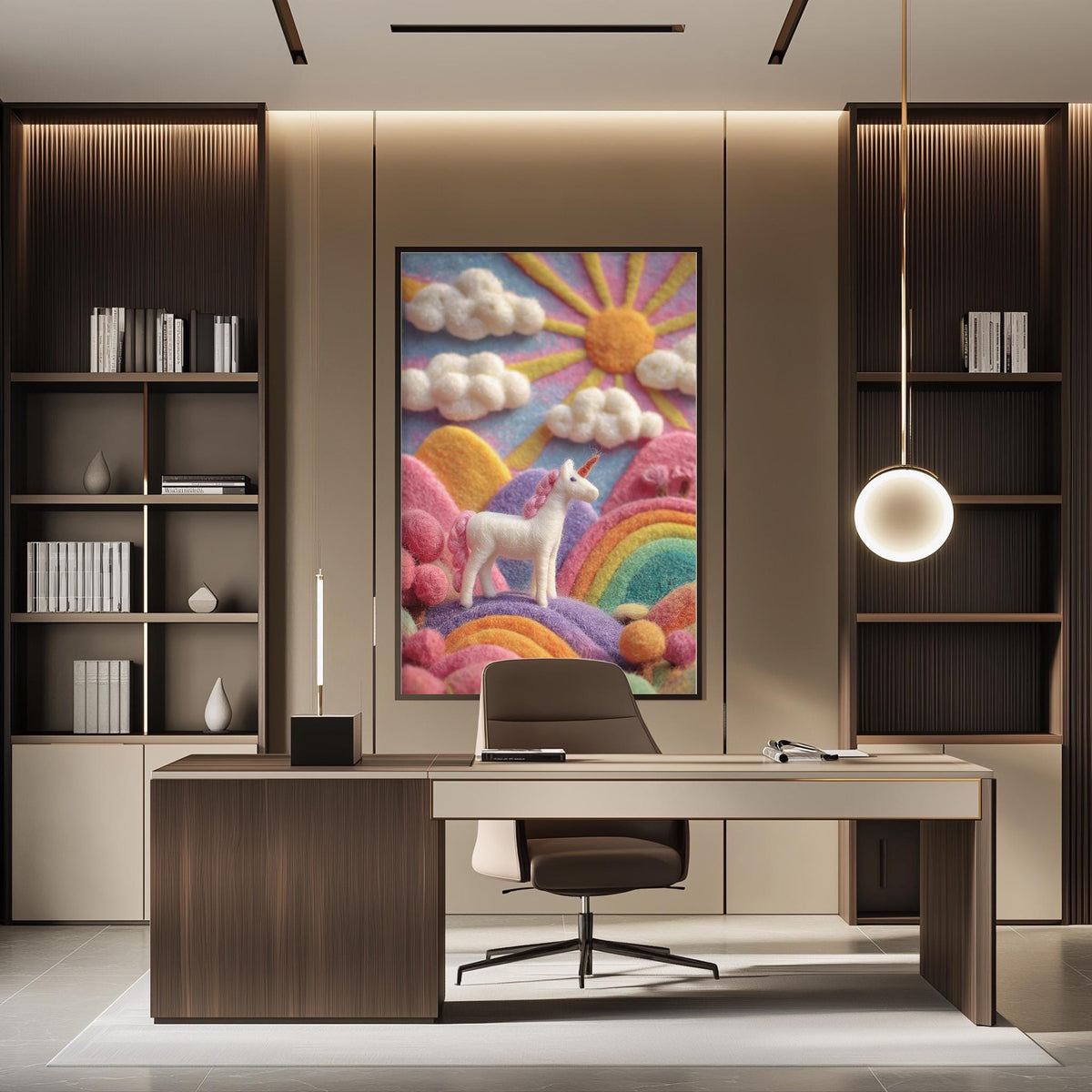 a modern office space with a large, colorful painting of a unicorn on the wall. The painting depicts a unicorn standing on a rainbow-colored hill, surrounded by clouds and a sun. The office has a wooden desk and chair, and the overall design has a contemporary and stylish aesthetic.