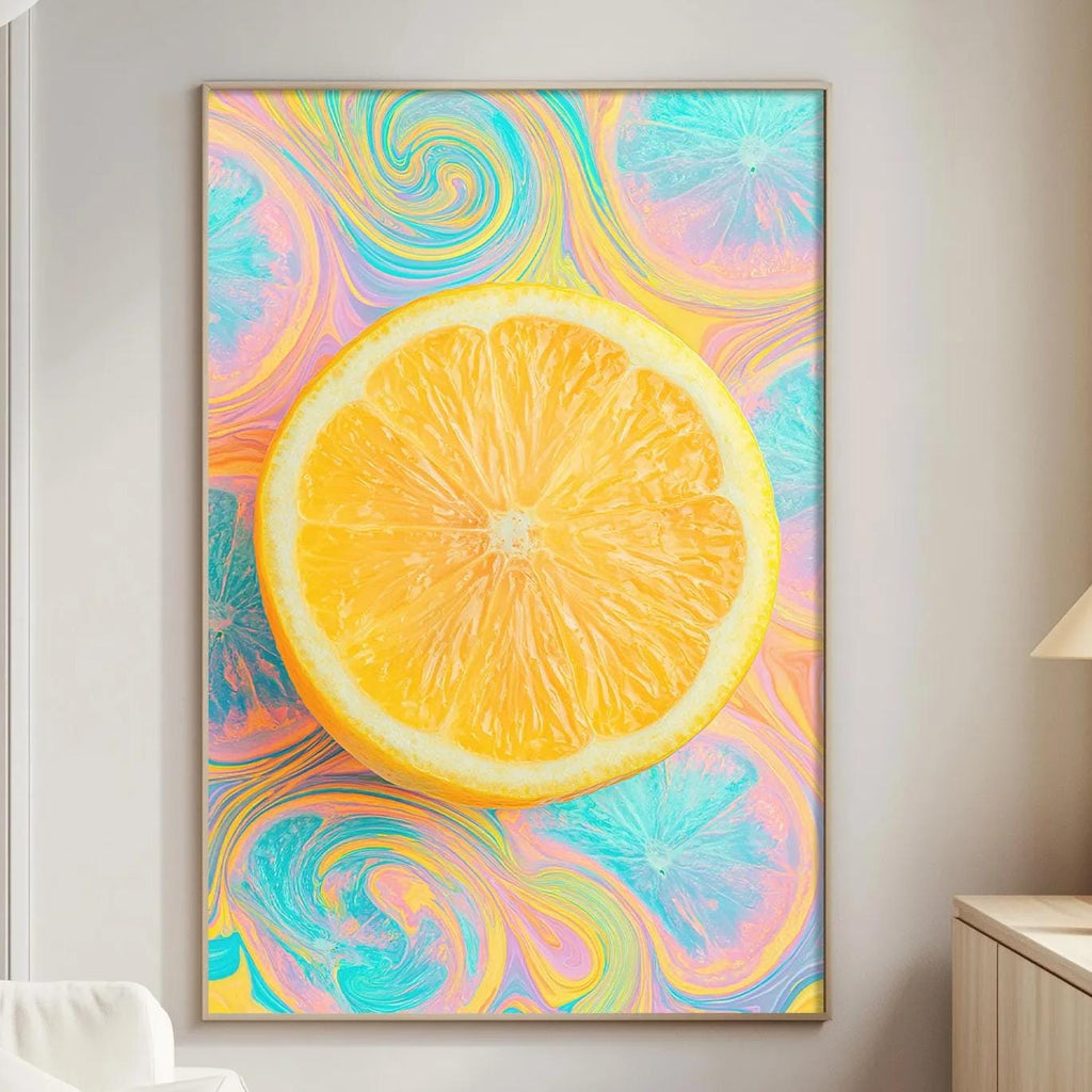 a vibrant and colorful painting of an orange slice hanging on a wall in a cozy living room setting.