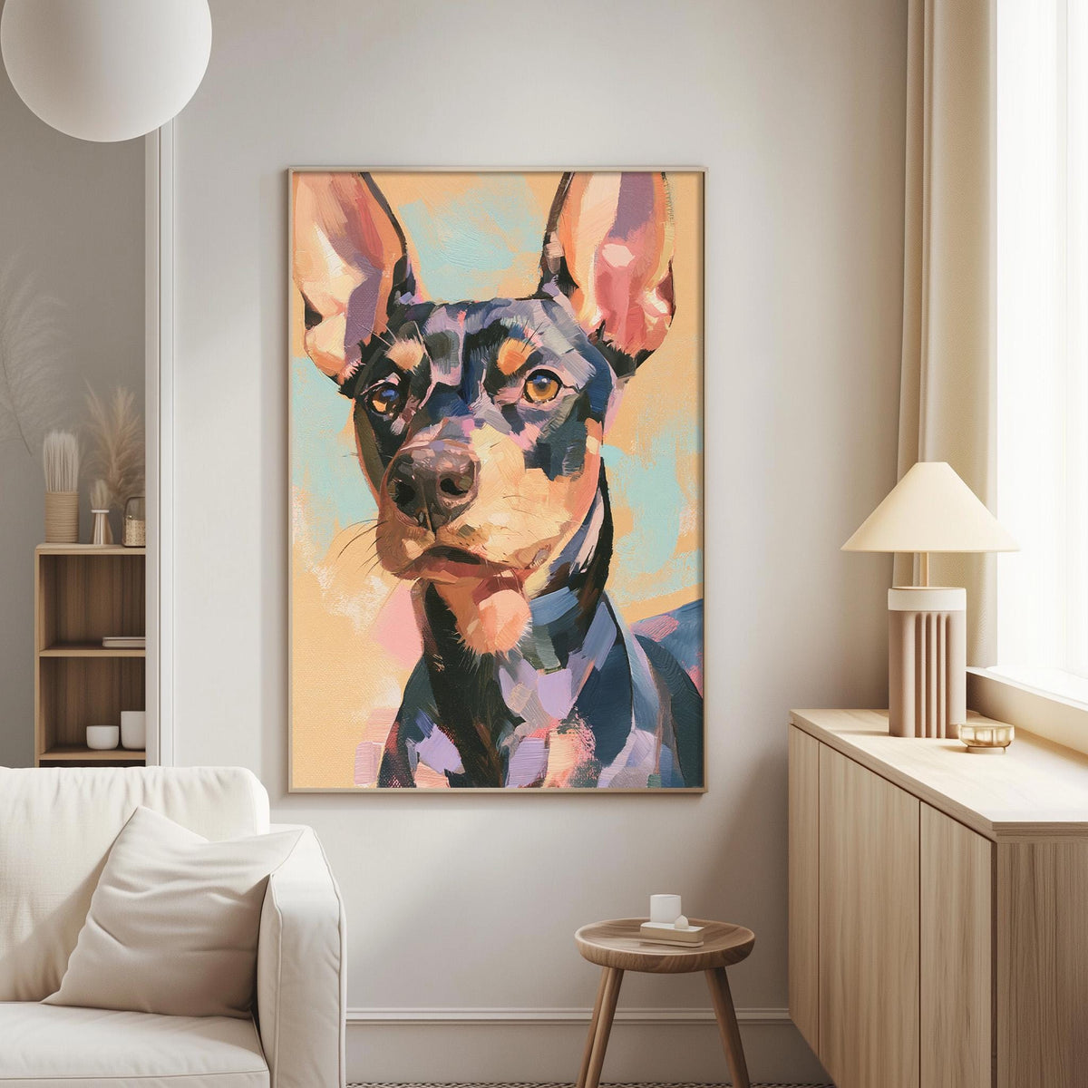 a large, colorful painting of a dog's face hanging on a wall in a living room.