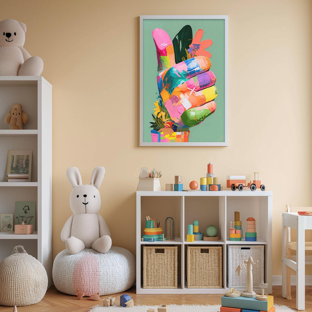 A child's bedroom with a large, colorful hand-painted sign hanging on the wall, a white bookshelf filled with toys, and a stuffed rabbit sitting on a bean bag chair.