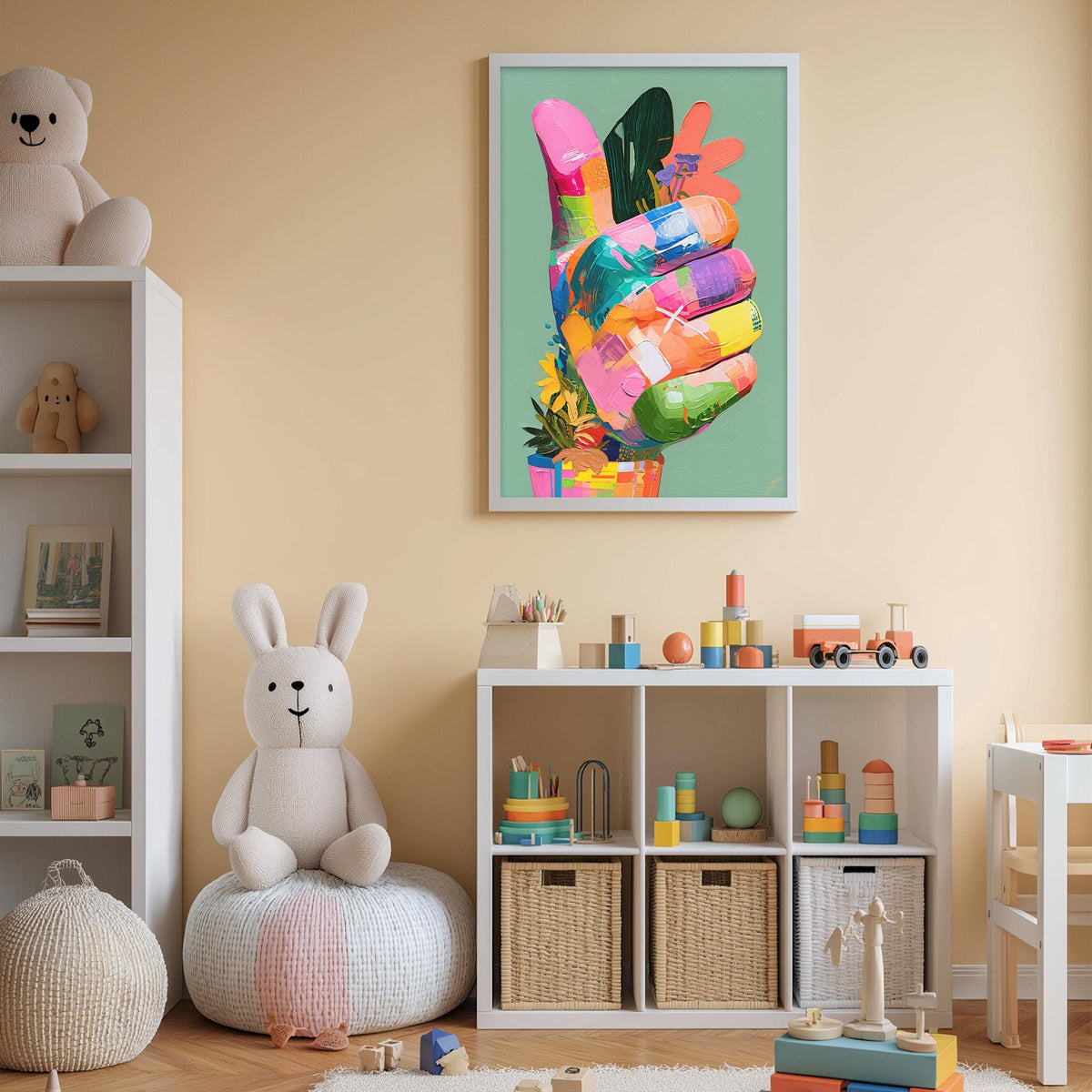A child's bedroom with a large, colorful hand-painted sign hanging on the wall, a white bookshelf filled with toys, and a stuffed rabbit sitting on a bean bag chair.
