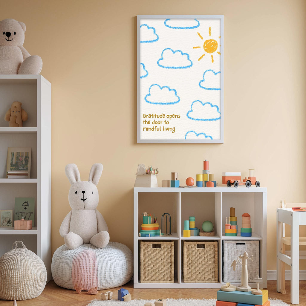 A cozy children's room with a white bookshelf, a plush rabbit, and a colorful toy box filled with toys. Above the bookshelf, there is a framed poster with a cheerful cloud and sun design, and a quote about gratitude.