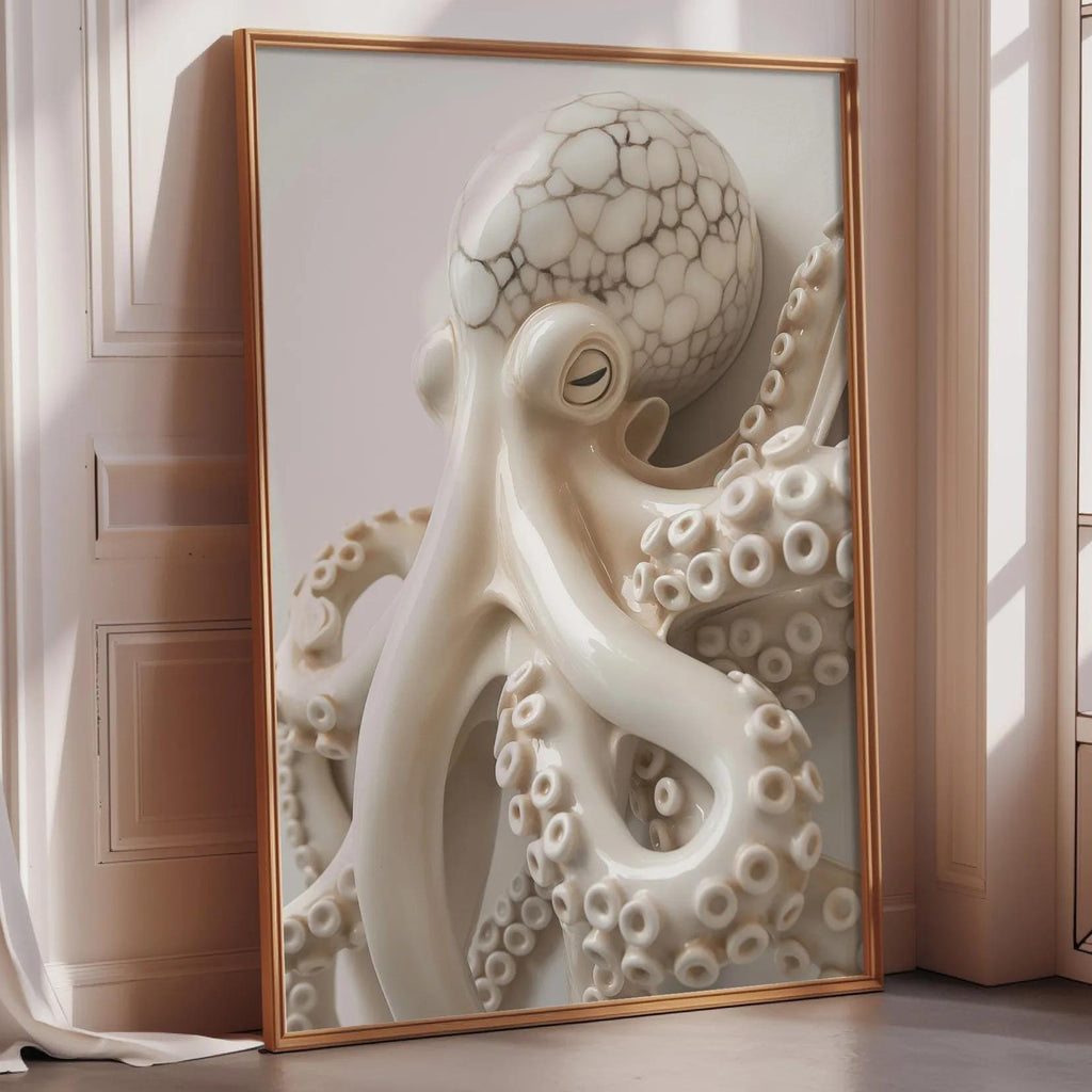 a large, detailed, and intricate white octopus sculpture displayed in a frame.