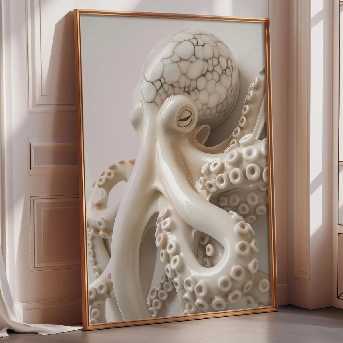 a large, detailed, and intricate white octopus sculpture displayed in a frame.