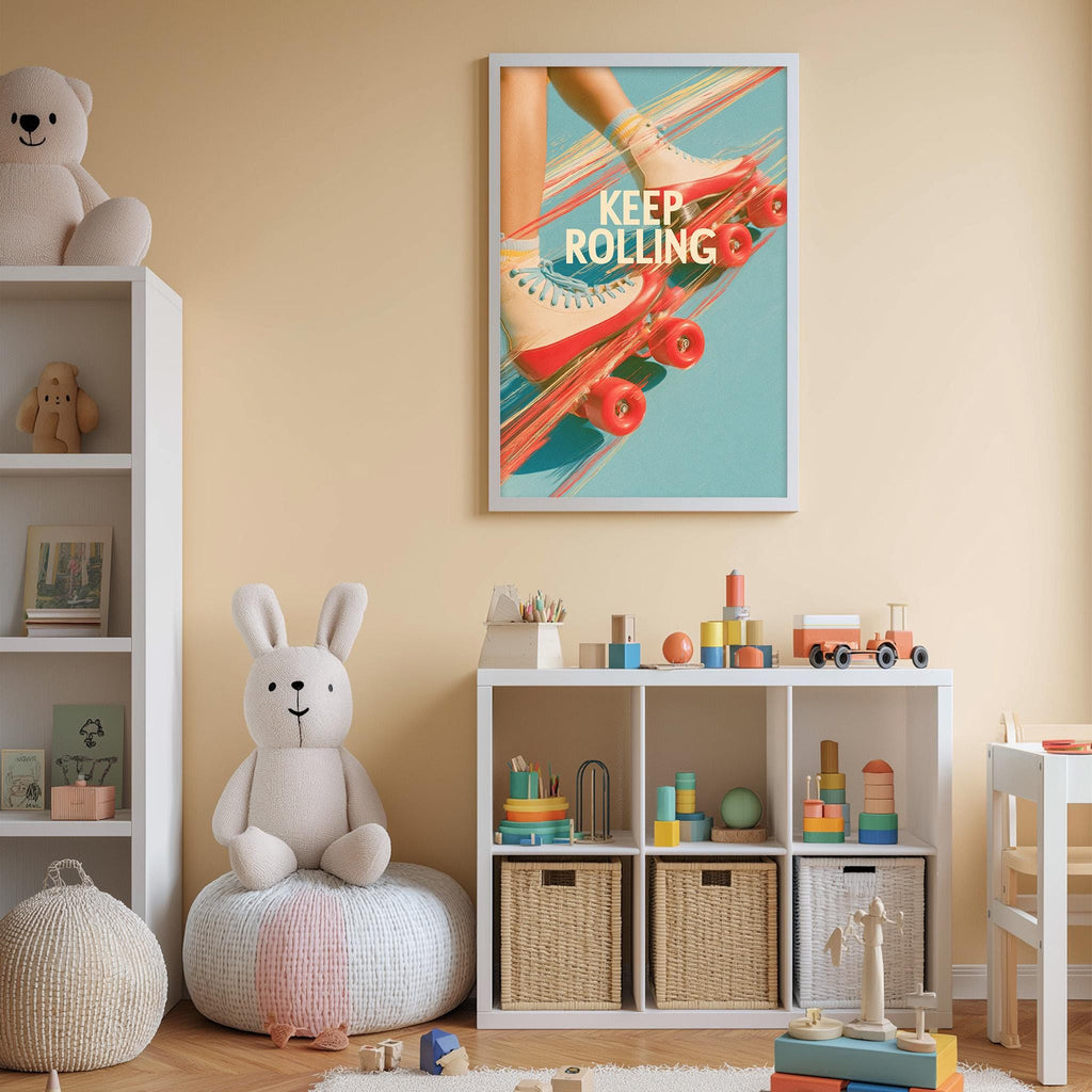 A child's bedroom with a white bookshelf, a stuffed rabbit, and a colorful poster featuring a skateboard with the text "KEEP ROLLING".