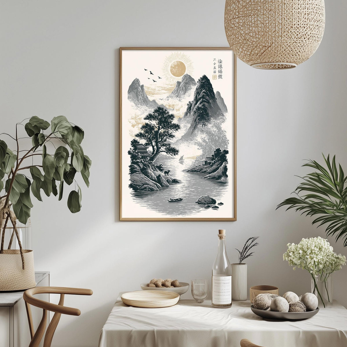 a serene landscape with a mountain range, a river, and a sunlit sky, as depicted in a framed artwork hanging on the wall.