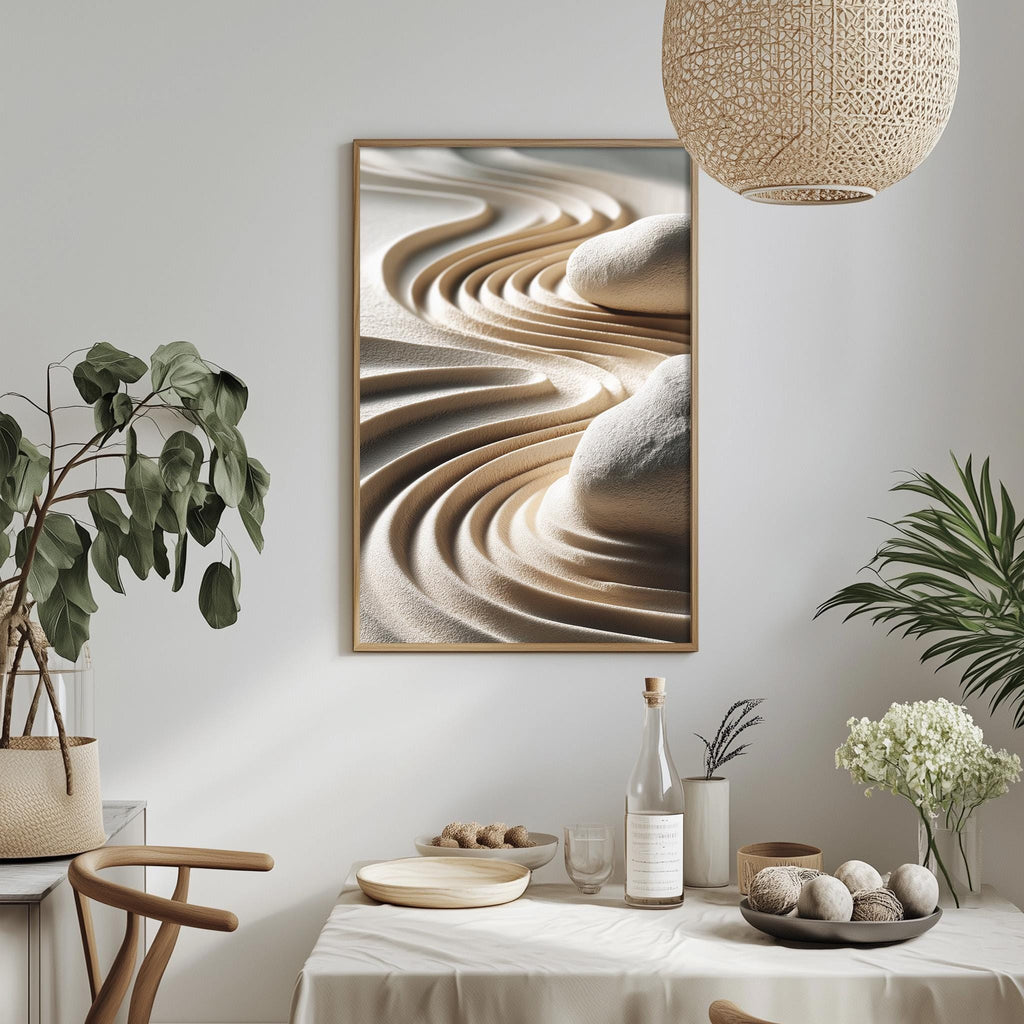 a minimalist dining room with a table set for two, a potted plant, a hanging light fixture, and a framed abstract artwork on the wall.