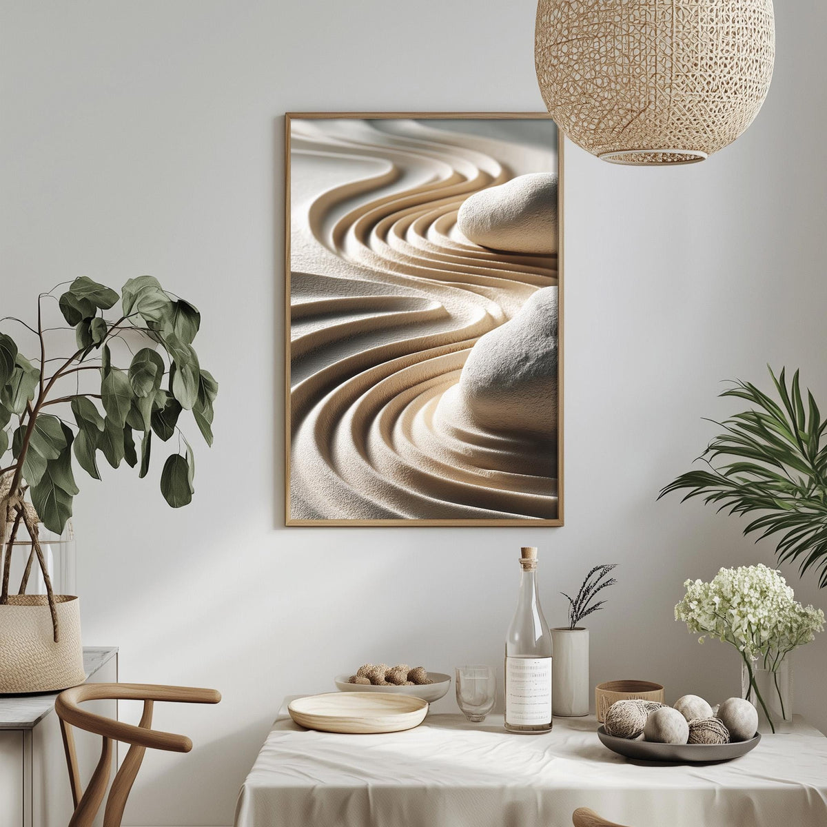 a minimalist dining room with a table set for two, a potted plant, a hanging light fixture, and a framed abstract artwork on the wall.