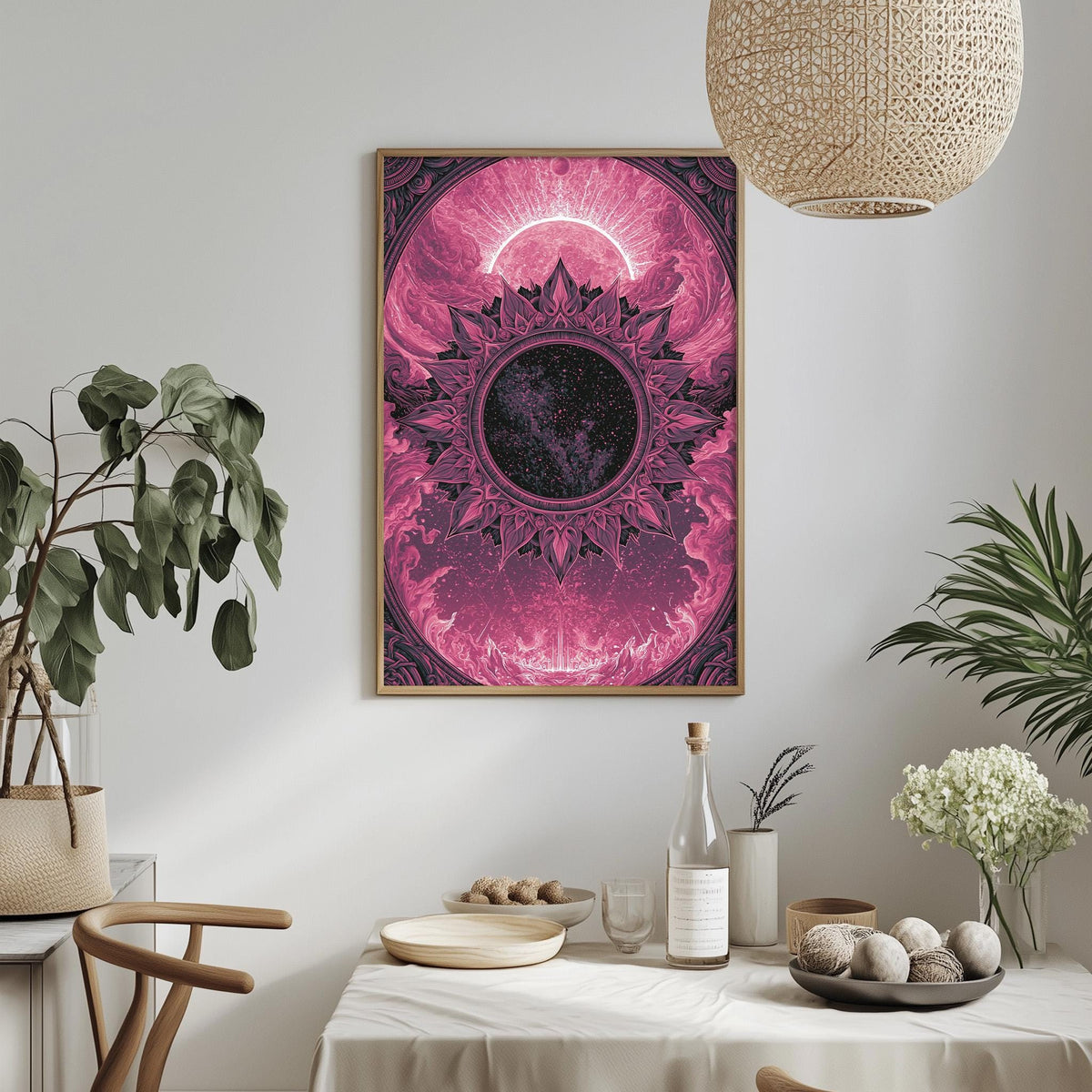 a dining table with a white tablecloth, a bowl of fruit, a bottle, and a vase with flowers. Above the table, there is a framed poster with a pink and purple design hanging on the wall.