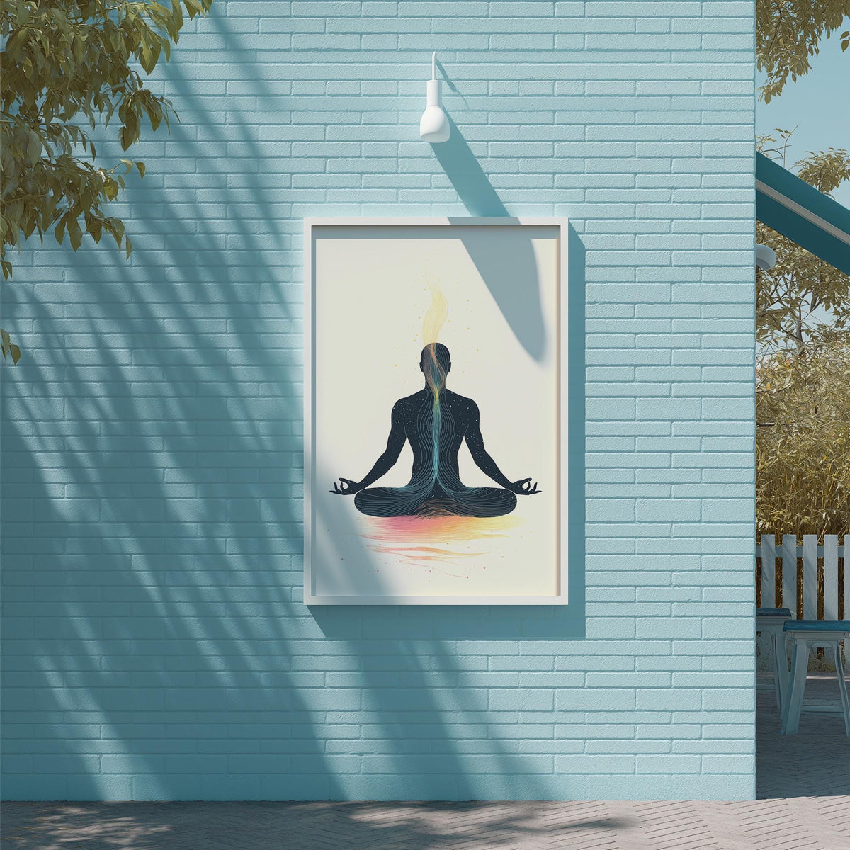 a blue brick wall with a framed illustration of a person in a meditative pose, surrounded by a serene and peaceful atmosphere.
