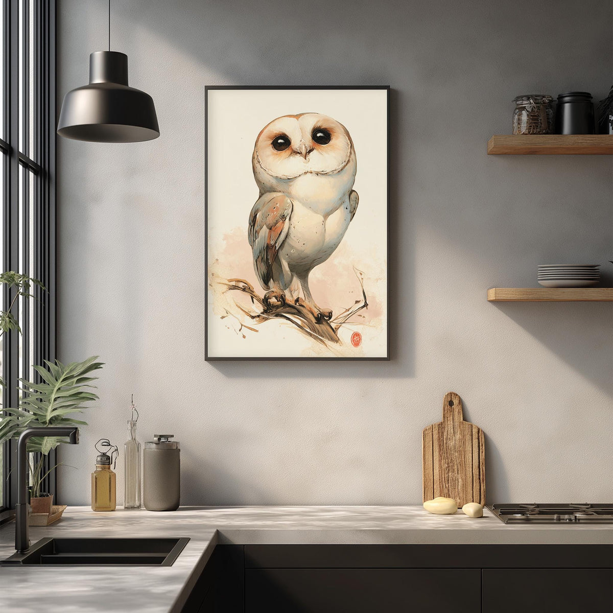a framed painting of a white owl perched on a branch, hanging on a wall above a kitchen counter with various kitchen items and decor.