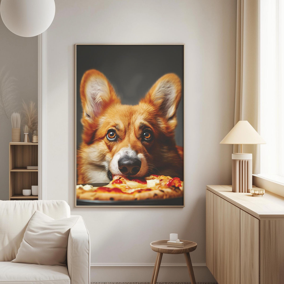 A large framed photograph of a dog eating a pizza is displayed on the wall in a cozy living room setting.