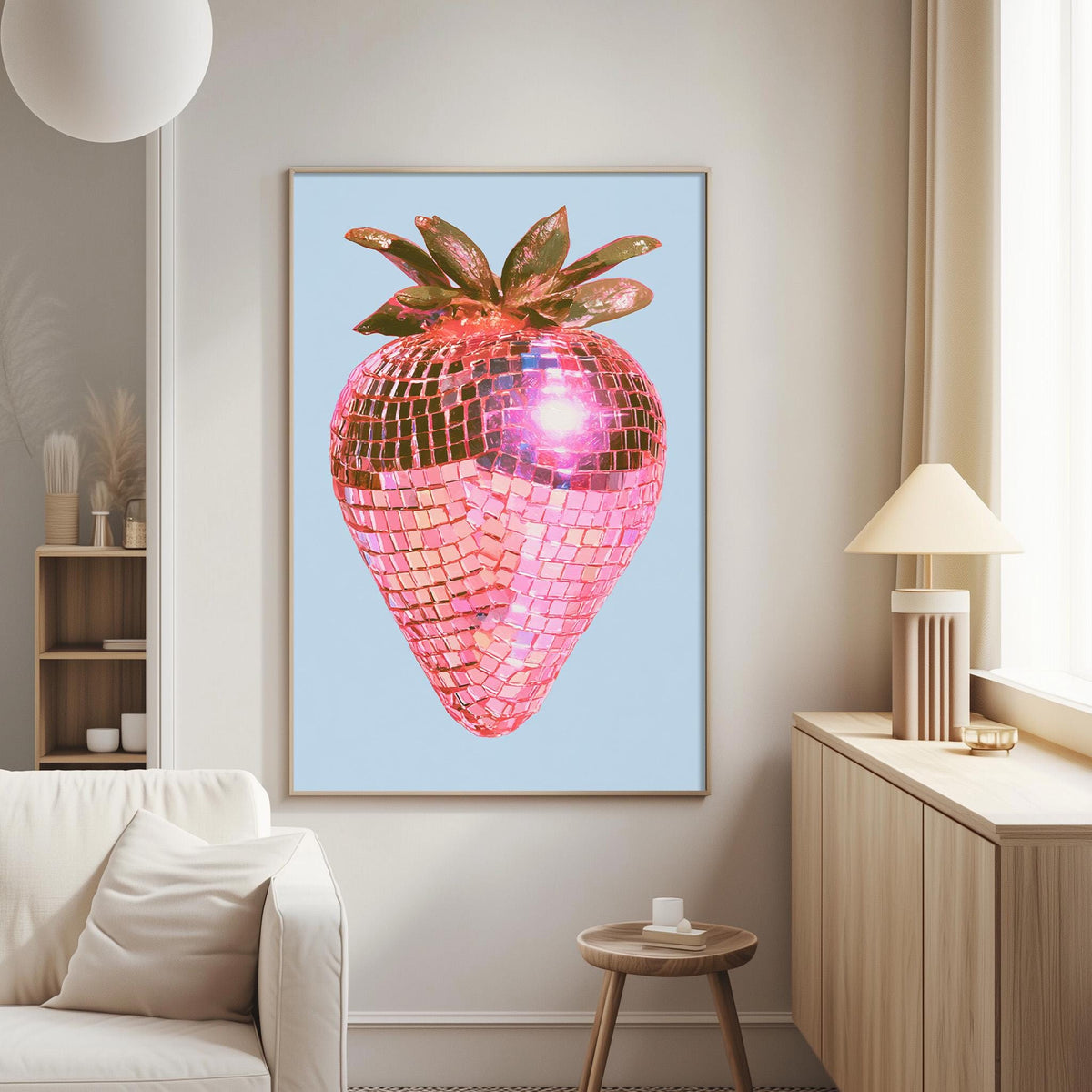 a large, colorful painting of a strawberry with a disco ball on top, hanging on a wall in a living room.