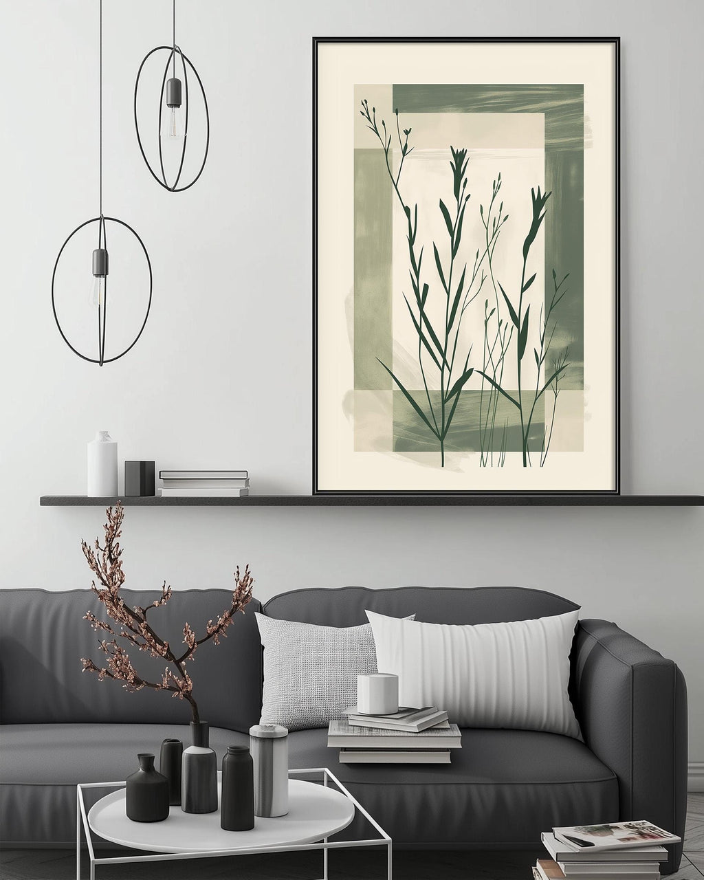 a modern living room with a gray sofa, a coffee table, and a large abstract painting hanging on the wall above the sofa.
