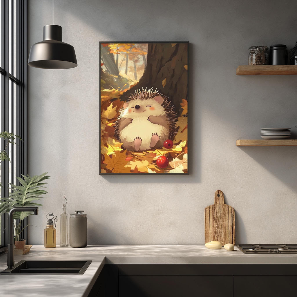 a cozy kitchen scene with a framed painting of a hedgehog sitting on a bed of autumn leaves hanging on the wall. The kitchen counter has various items on it, including a cutting board, a bottle, and a vase. The overall atmosphere of the image is warm and inviting, with the hedgehog painting adding a touch of whimsy and charm to the space.