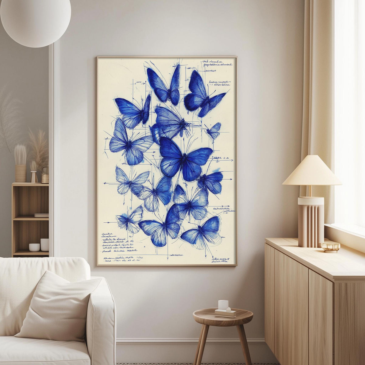 a large framed print of blue butterflies on a wall in a living room.