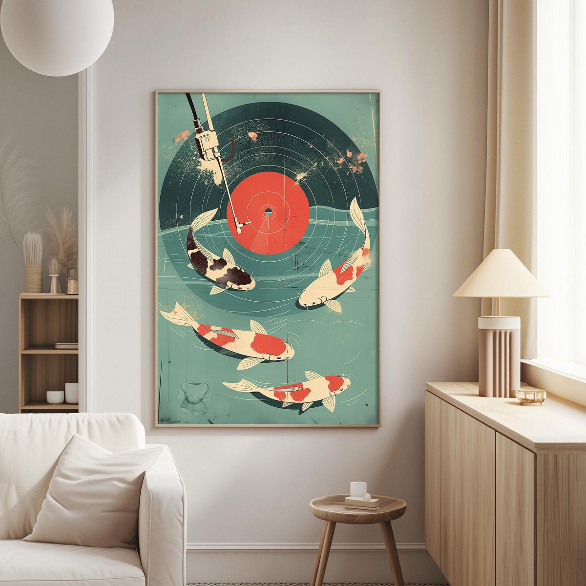 a living room with a large framed poster of a fish on the wall, a white sofa, a wooden side table, and a lamp.