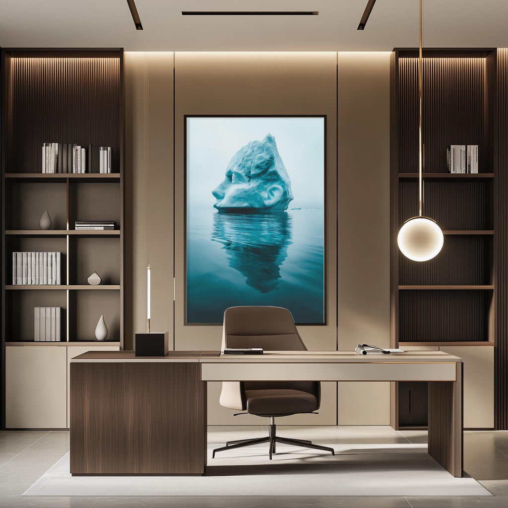 a modern office space with a large framed photograph of a blue iceberg on the wall, creating a striking focal point in the room. The office has a wooden desk, a comfortable-looking chair, and a bookshelf filled with books, contributing to a professional and organized atmosphere.