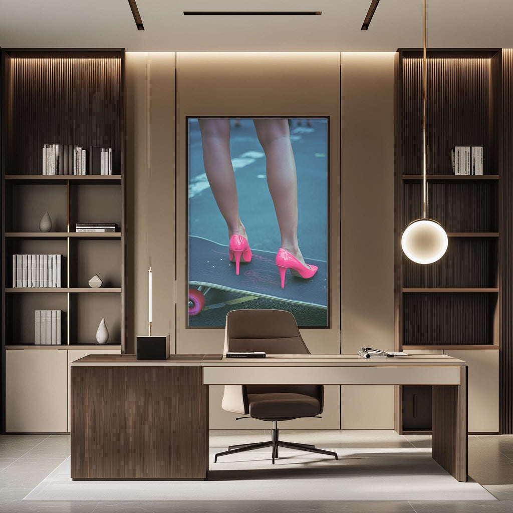 a modern office space with a large framed photograph of a woman's legs wearing pink high heels on a skateboard as the focal point. The office has a wooden desk, a chair, and a bookshelf with various books and decorative items.
