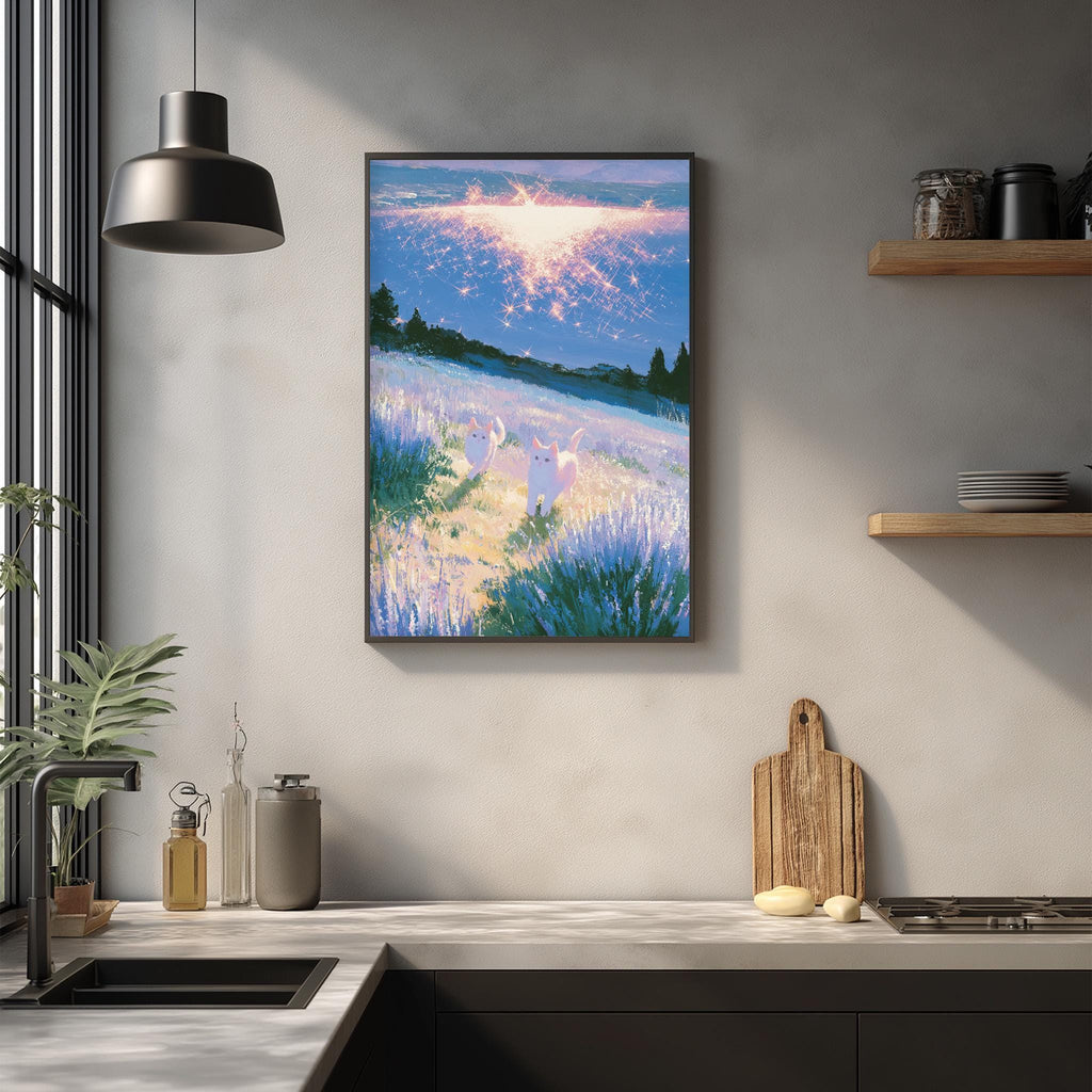 a kitchen counter with a framed painting of a field with a sunset in the background, a wooden cutting board, and various kitchen items such as a bottle, a vase, and a bowl.