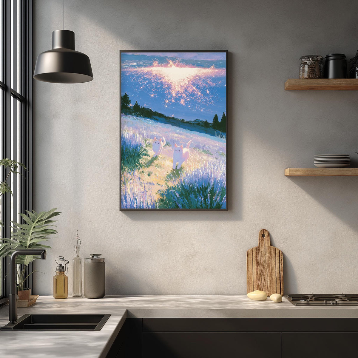 a kitchen counter with a framed painting of a field with a sunset in the background, a wooden cutting board, and various kitchen items such as a bottle, a vase, and a bowl.