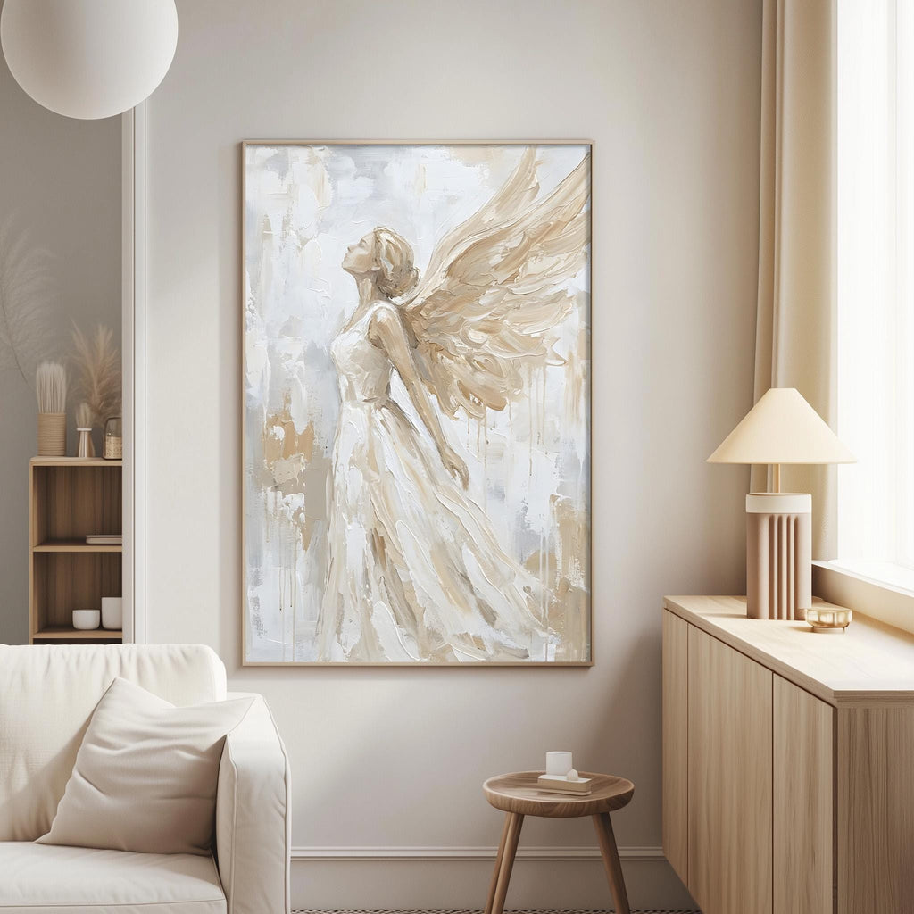 a large painting of a woman with wings hanging on the wall of a living room.