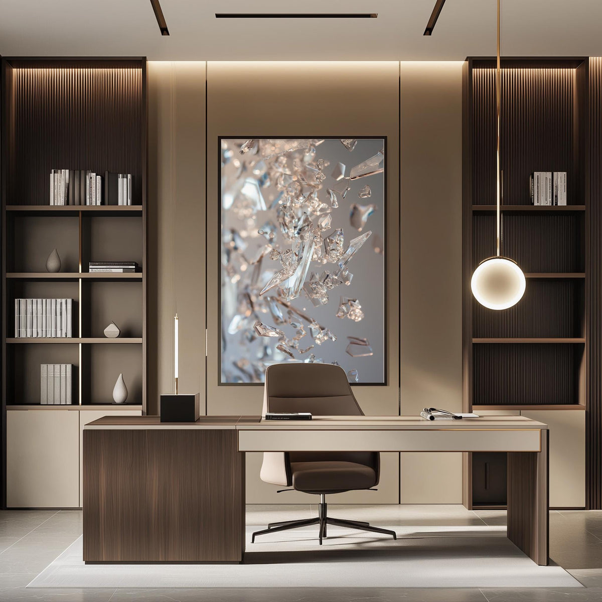 a modern and stylish office space with a large abstract painting on the wall, a wooden desk with a chair, and built-in bookshelves.