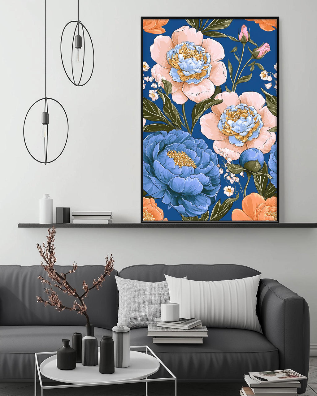 a modern living room with a gray sofa, a coffee table, and a large floral print hanging on the wall above the sofa.