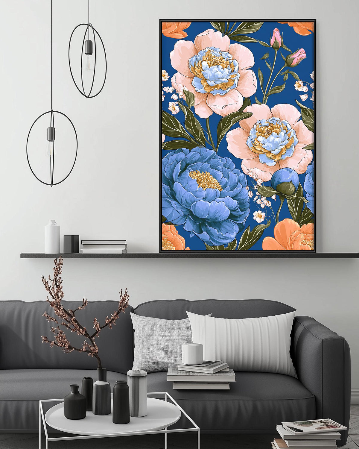 a modern living room with a gray sofa, a coffee table, and a large floral print hanging on the wall above the sofa.