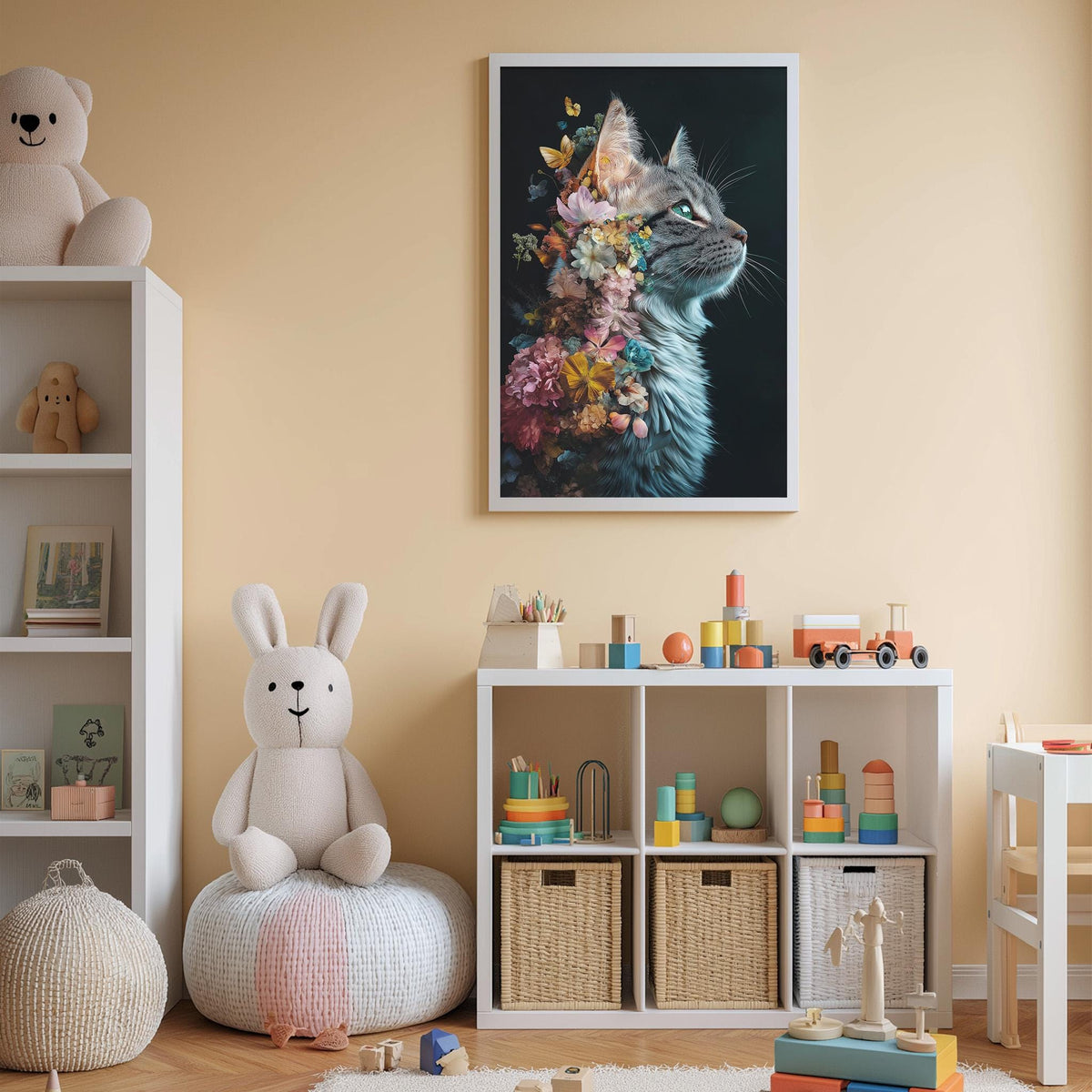 A cozy children's room with a large framed picture of a cat with a floral design on the wall, a stuffed rabbit, a toy train, and a toy car.