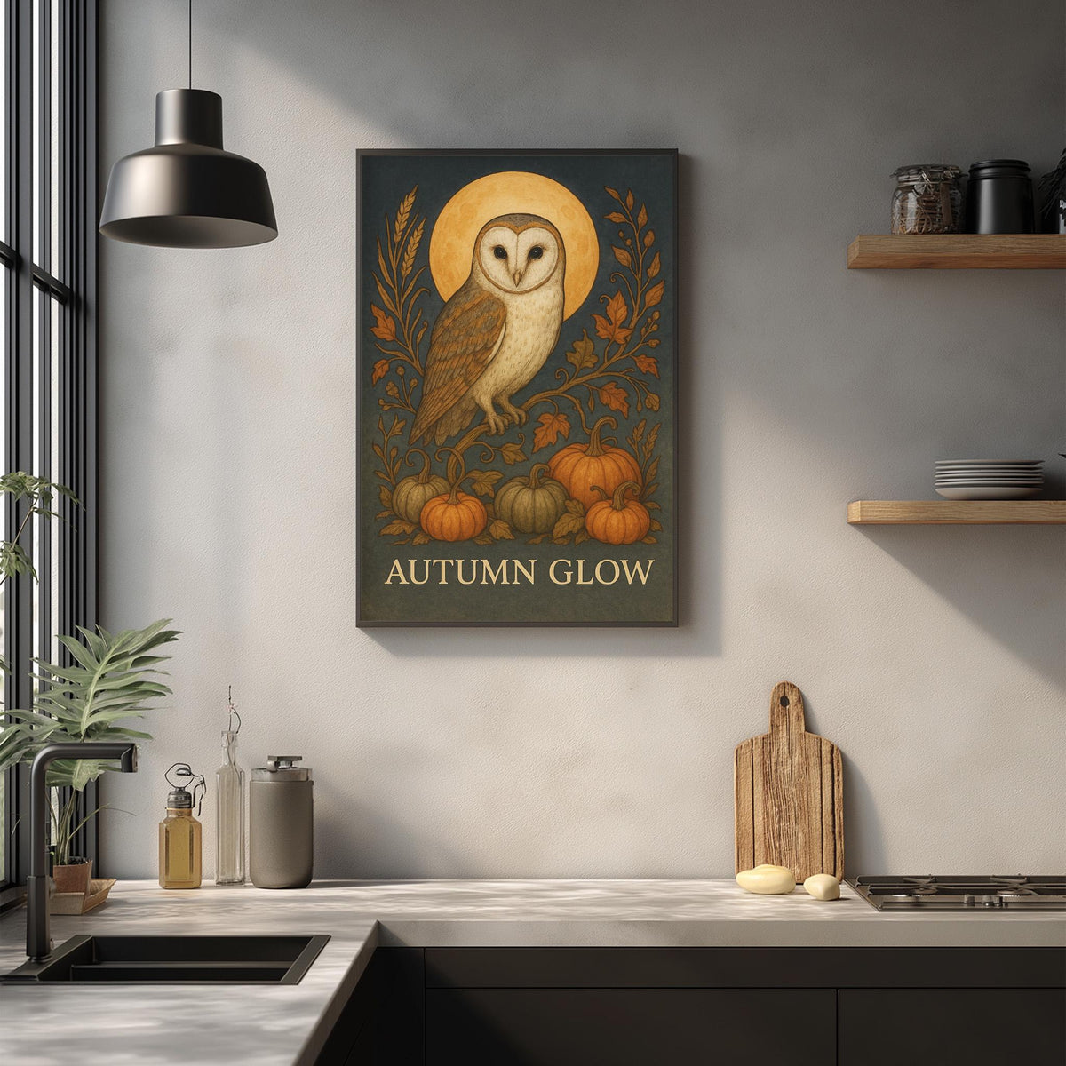 a kitchen counter with a framed illustration of an owl surrounded by autumn-themed elements, such as pumpkins and leaves, along with the text "AUTUMN GLOW".