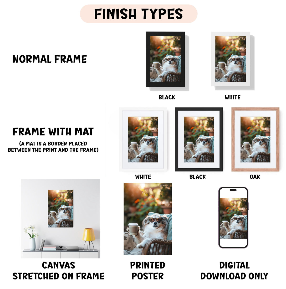 various types of framed artwork, including a normal frame, a frame with a mat, a white frame, a black frame, an oak frame, a white frame, a black frame, a canvas stretched on a frame, a printed poster, and a digital download only.
