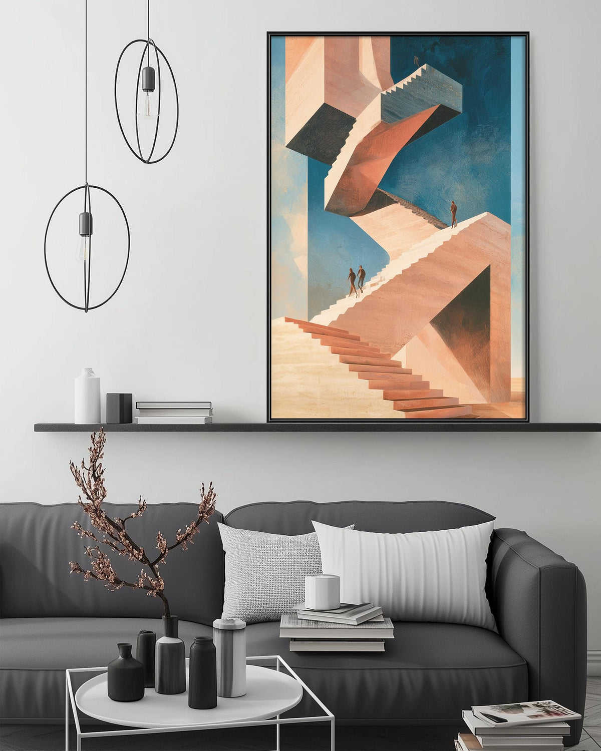 a modern living room with a gray sofa, a coffee table, and a large abstract painting hanging on the wall above the sofa.