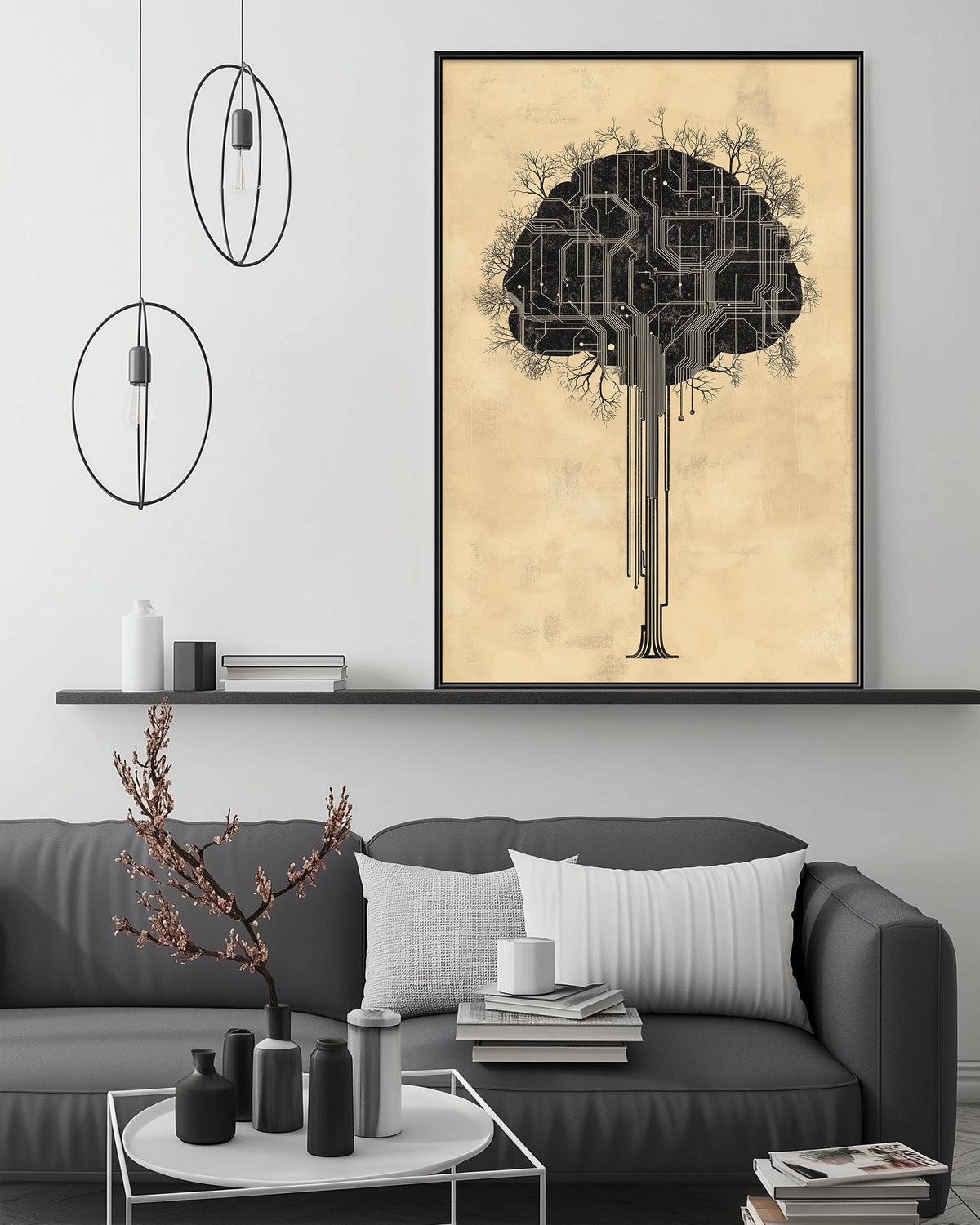 a modern living room with a gray sofa, a coffee table, and a large framed artwork depicting a tree-like structure with intricate black lines and patterns.