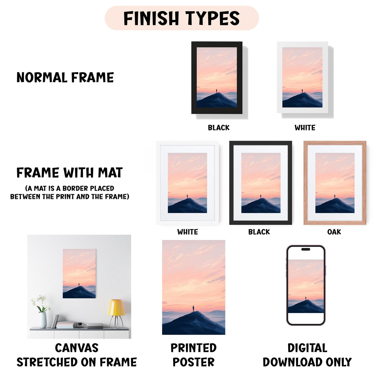 various types of artwork, including a canvas stretched on a frame, a framed poster, and a digital poster. The artwork is presented in different frame colors and styles, such as a normal frame, a black frame, a white frame, and an oak frame. The artwork is also described as a canvas stretched on a frame, a printed poster, and a digital download only. The image is a collage of multiple images, and the text provides information about the different frame types and the artwork displayed.