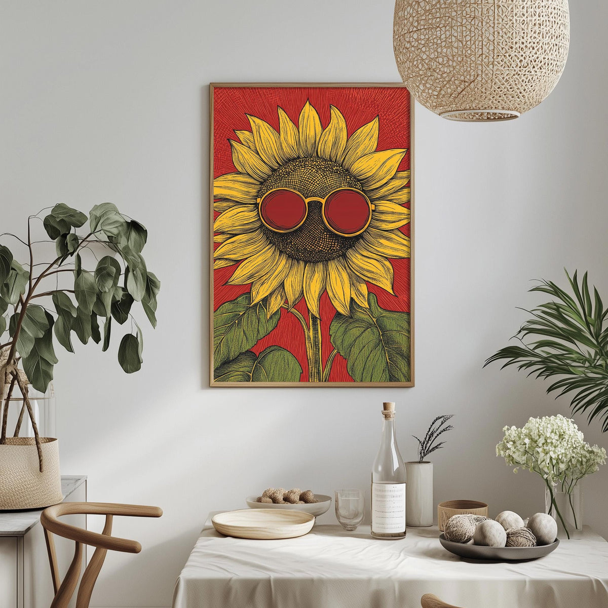a dining table with a white tablecloth, a vase of white flowers, a bottle of wine, and a bowl of fruit. Above the table, there is a framed illustration of a sunflower with sunglasses on it.