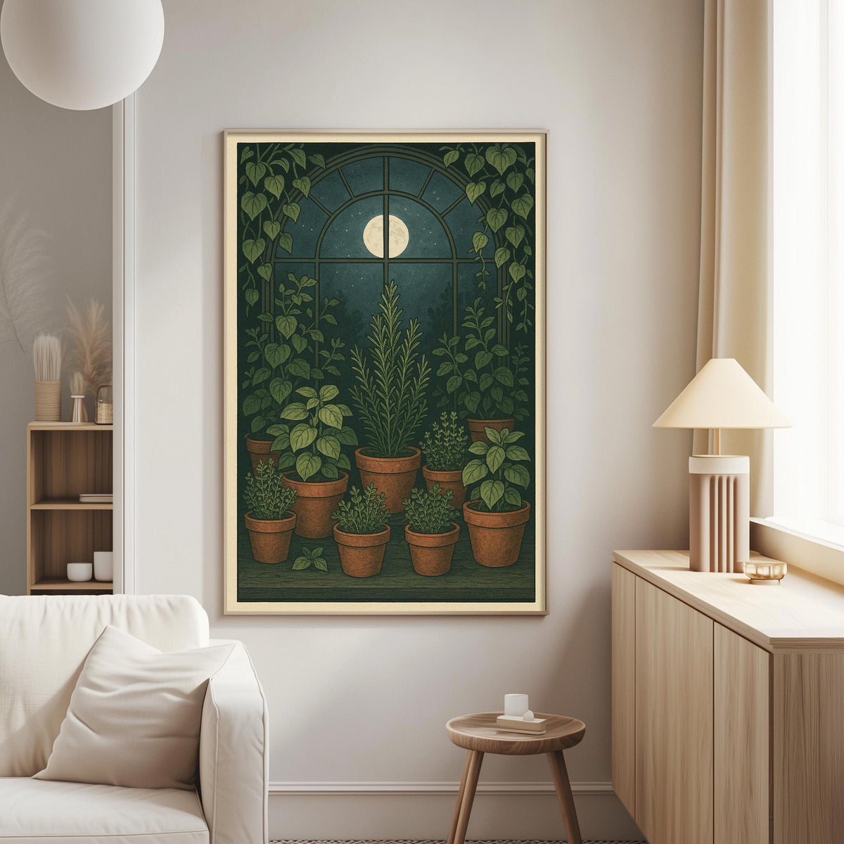 a cozy living room with a large framed painting of a green plant arrangement hanging on the wall. The painting depicts a variety of potted plants arranged in a window, creating a serene and natural atmosphere. The room is furnished with a white sofa, a wooden side table, and a lamp, contributing to the overall warm and inviting ambiance.