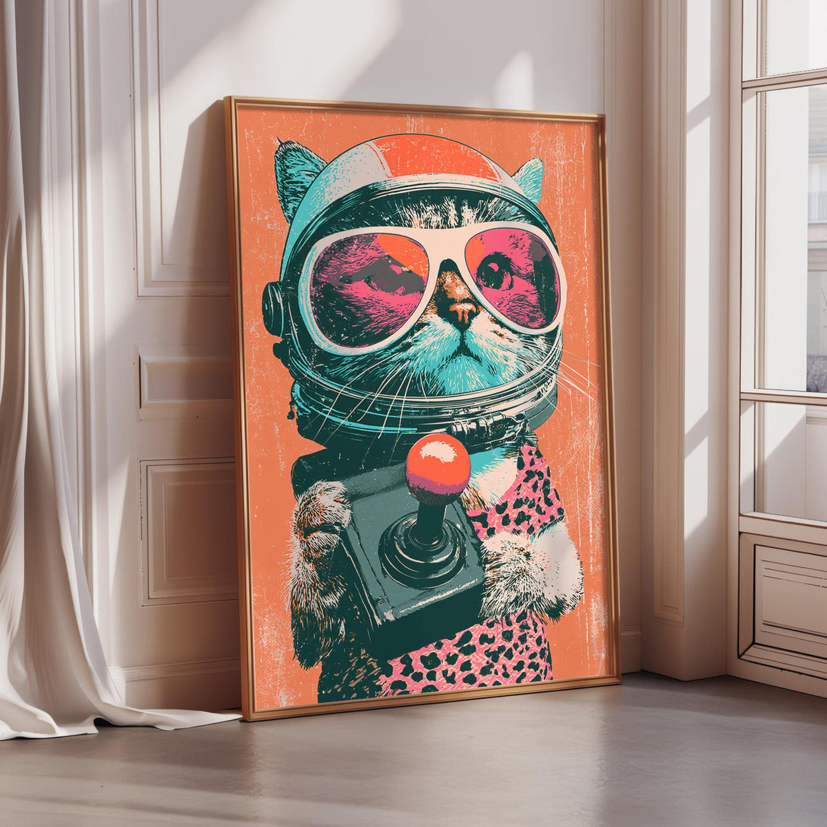 A framed poster depicting a cat wearing a helmet and holding a camera, with a vibrant and colorful design.