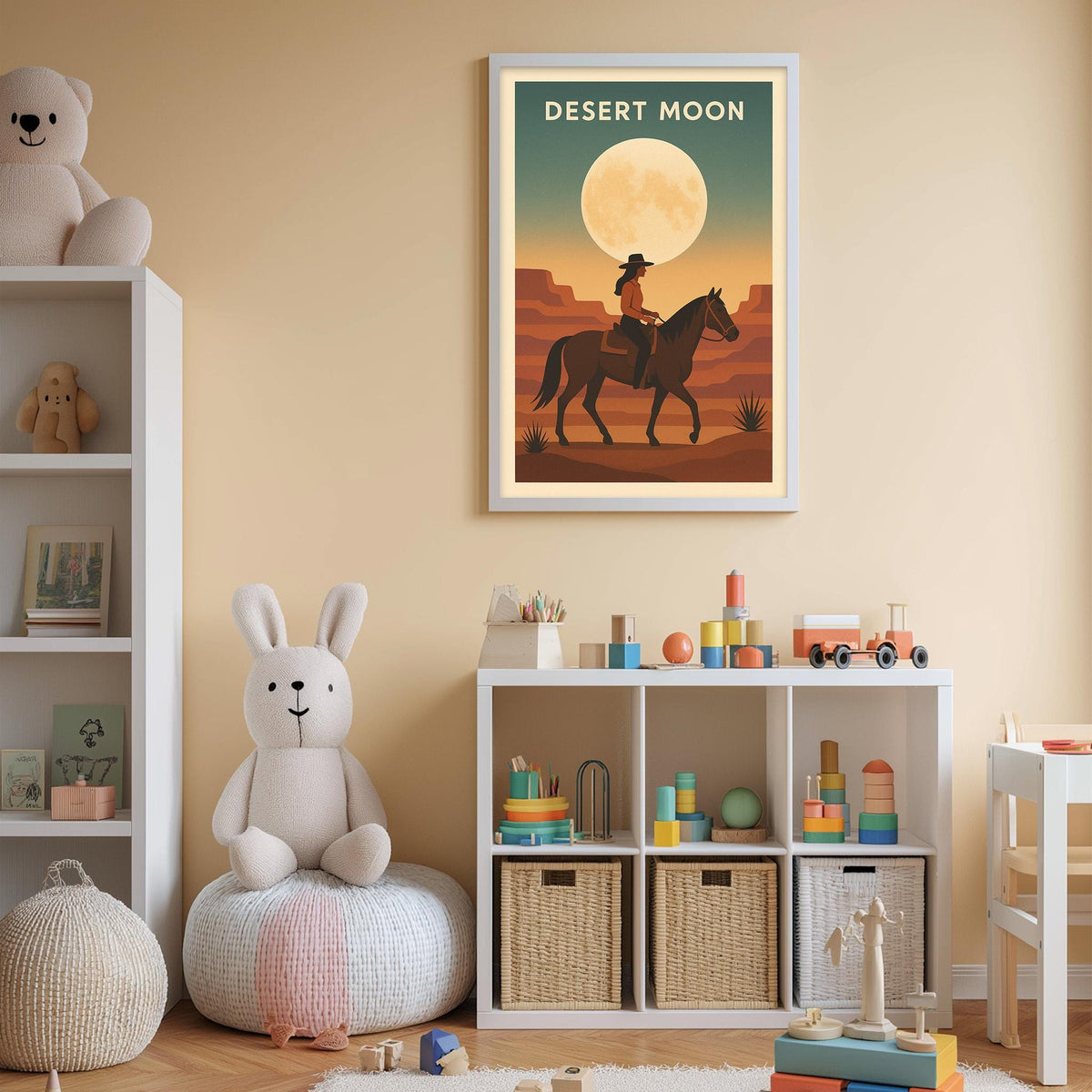 a child's bedroom with a framed poster of a cowboy riding a horse on the wall, a white bookshelf filled with toys, and a white bean bag chair.