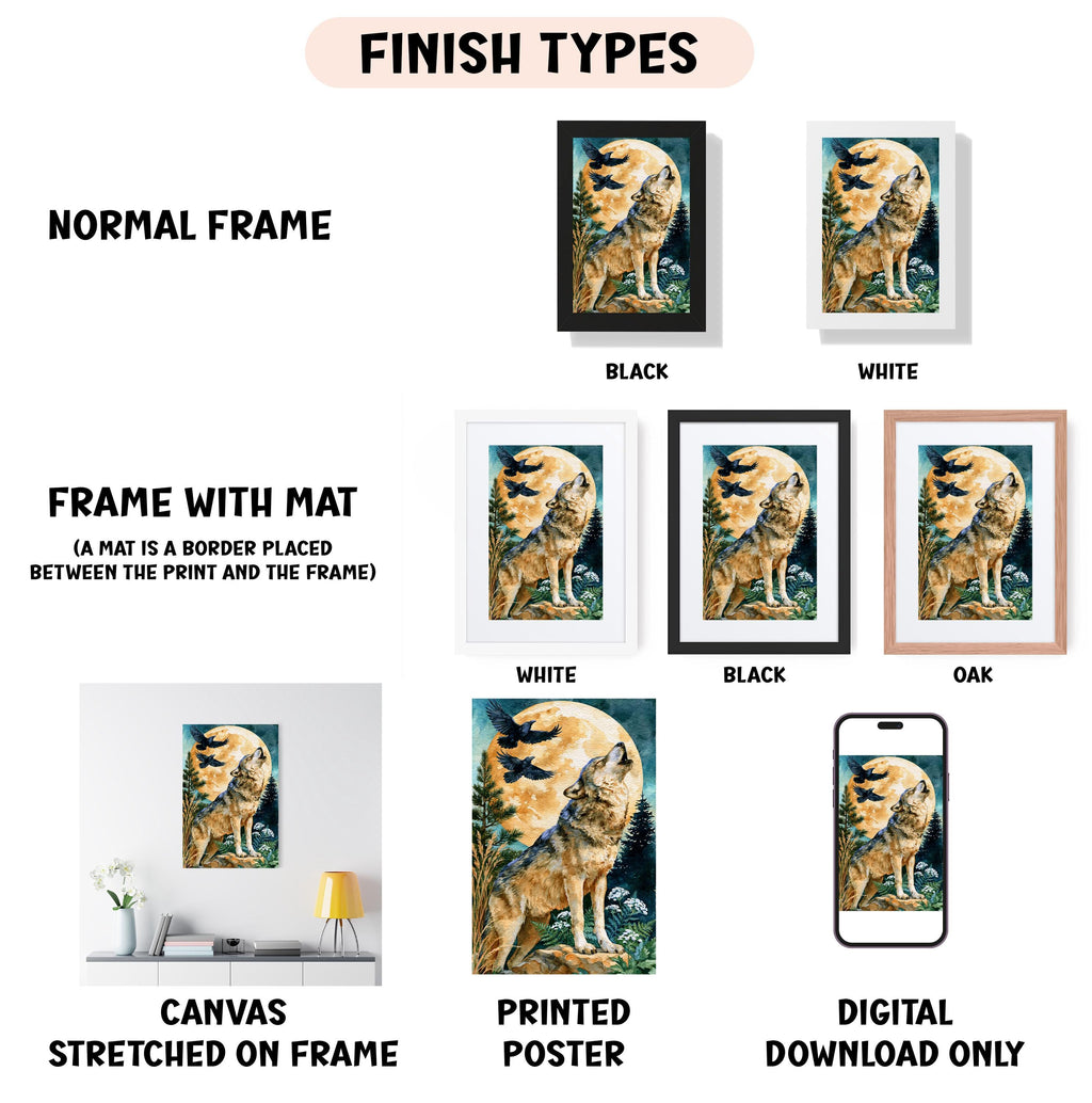 various types of artwork, including a framed painting of a wolf, a framed poster of a wolf, and a framed poster of a wolf. The artwork is displayed in different frame colors, such as black, white, and oak. The image also includes a canvas stretched on a frame, a printed poster, and a digital download only.