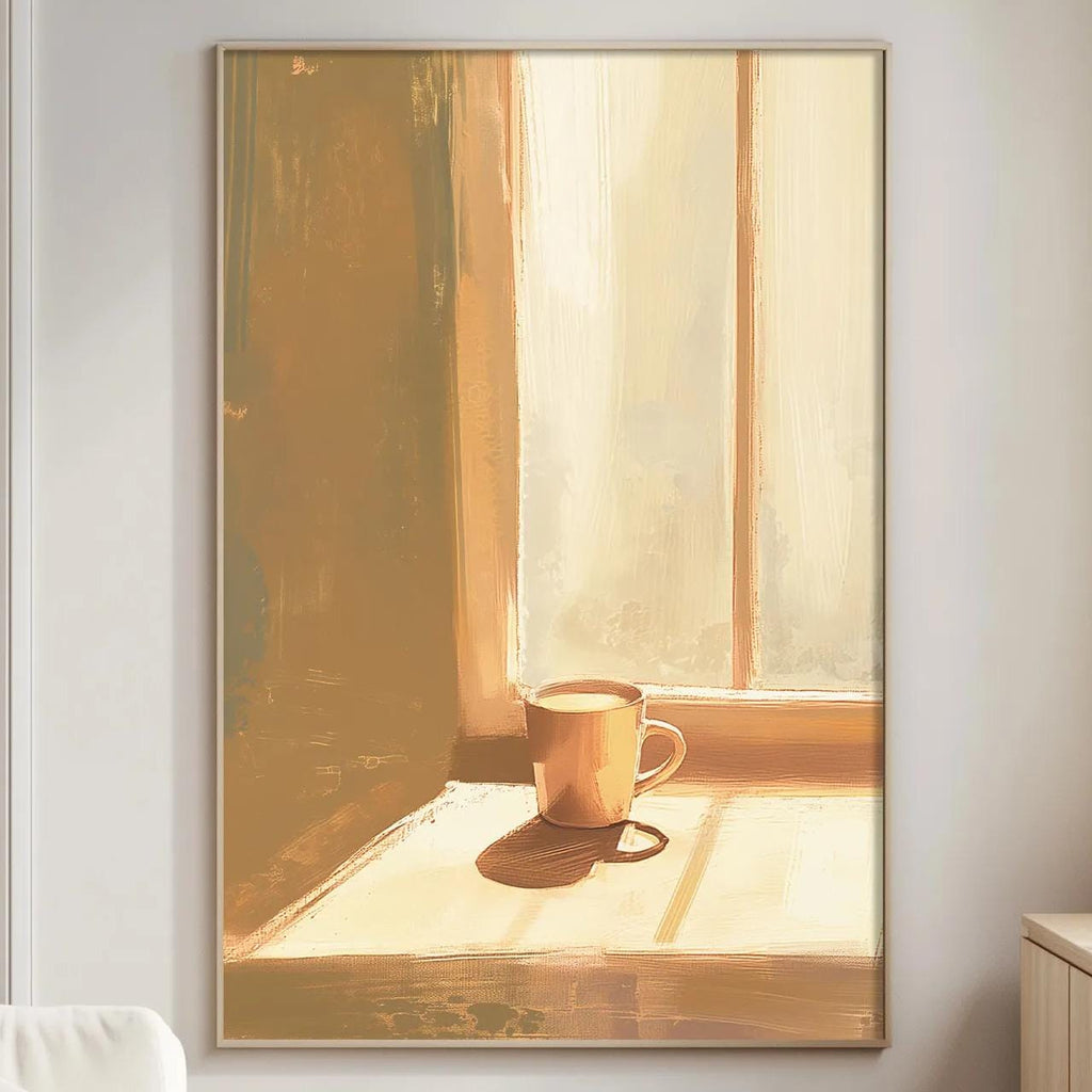 a cozy living room with a white sofa, a wooden side table, and a framed painting of a cup of coffee on a windowsill.