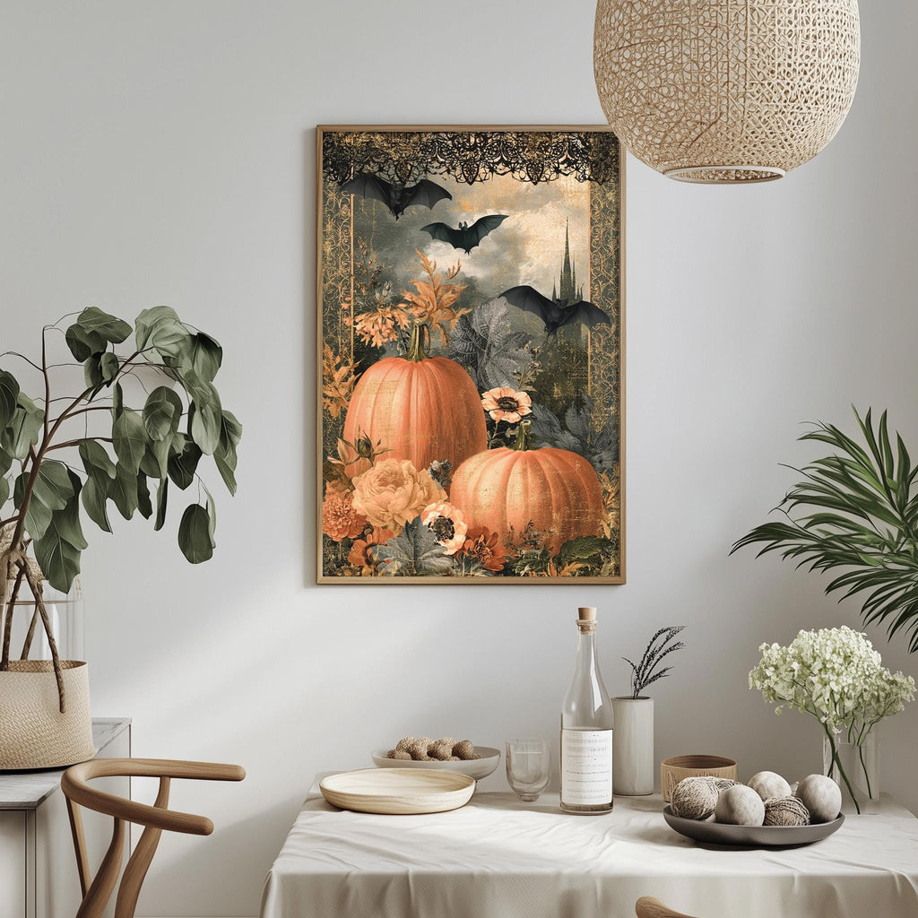 a dining table set with a white tablecloth, a bowl of fruit, a bottle, and a vase with flowers. Above the table, there is a framed picture of pumpkins and flowers hanging on the wall.